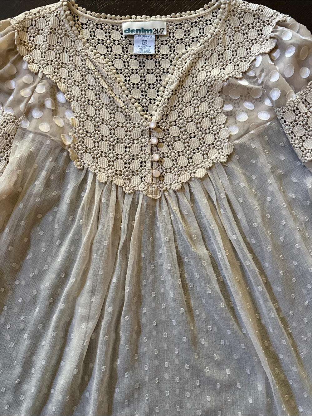 Denim 24/7 Cream gorgeous Crochet Yoke Dotted Swiss Peasant Blouse
